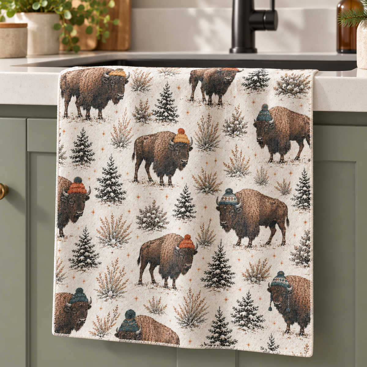 Winter Bison tea towel — kitchen, subtle waffle texture and matching overlocked edges