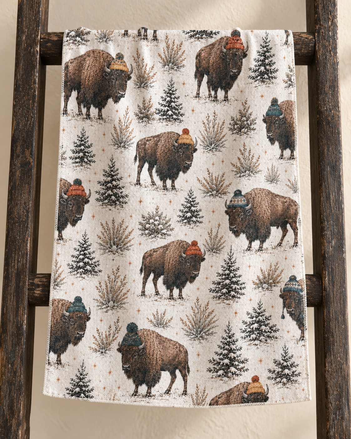 Winter Bison tea towel — ladder, subtle waffle texture and matching overlocked edges