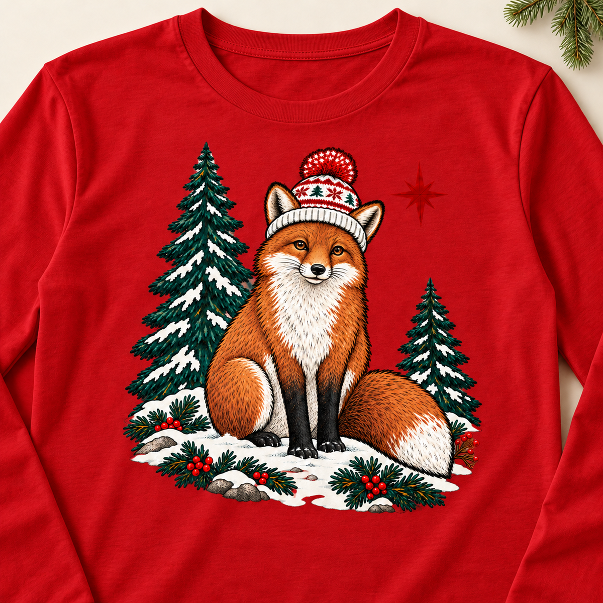 Adult Fox Christmas artwork close-up on red tee