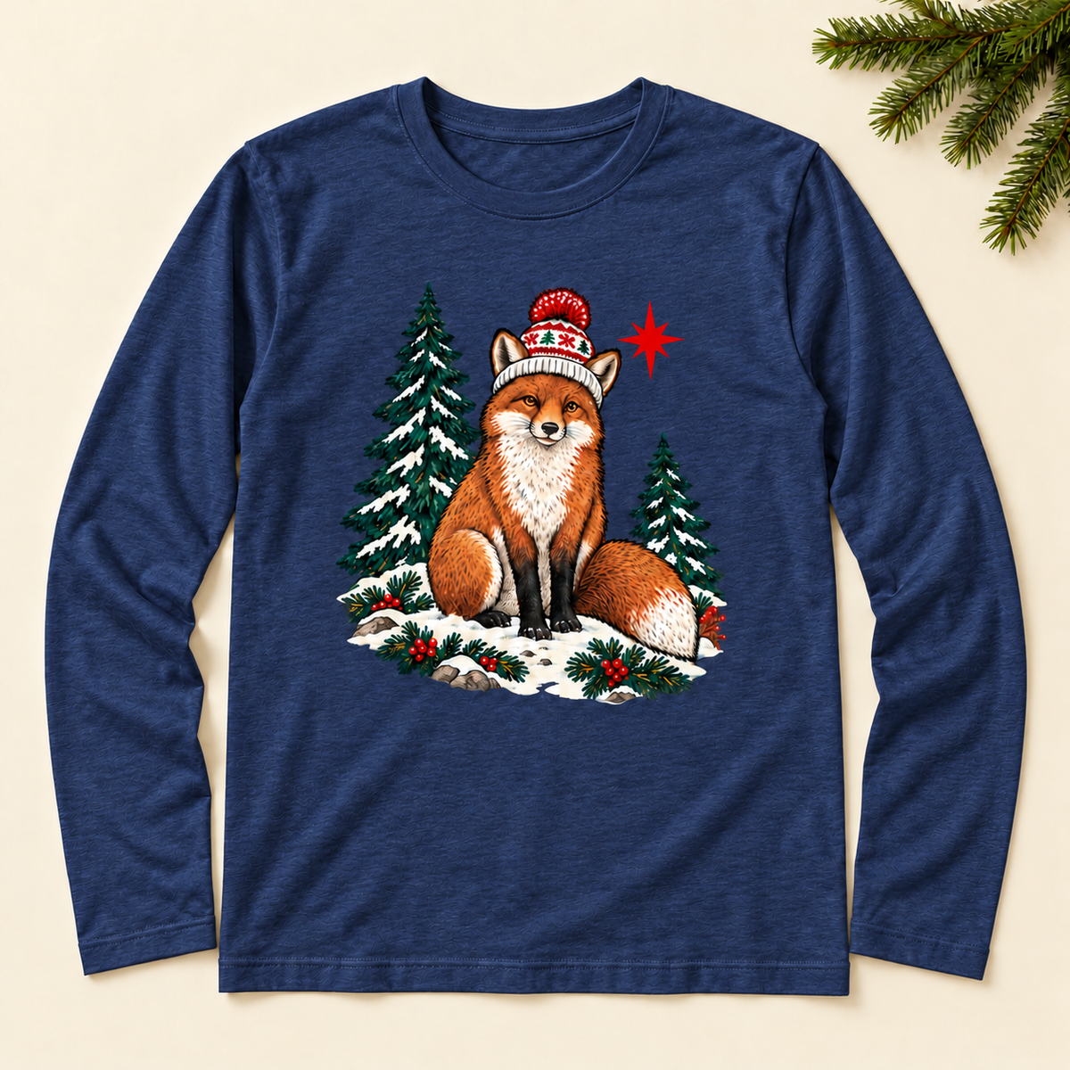 Adult Fox long-sleeve tee in navy, flat lay