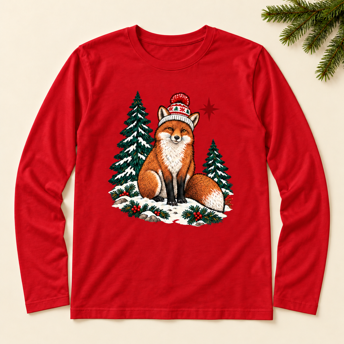Adult Fox long-sleeve tee in red, flat lay