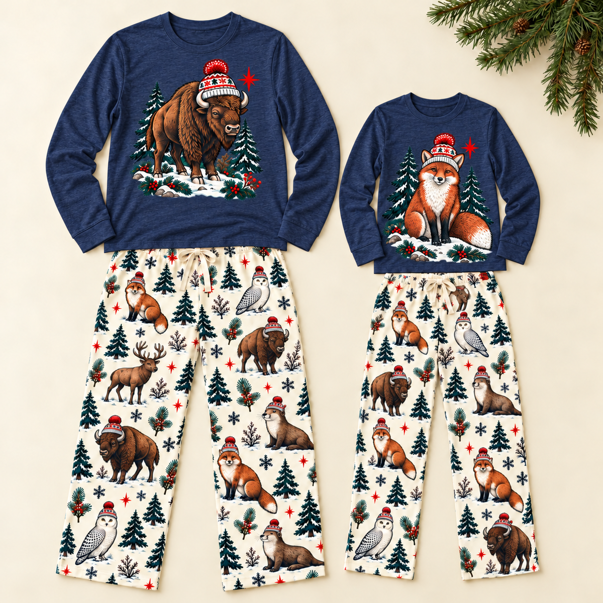 Coordinating adult Bison and youth Fox navy tees with Wild Christmas Lounge pants, sold separately