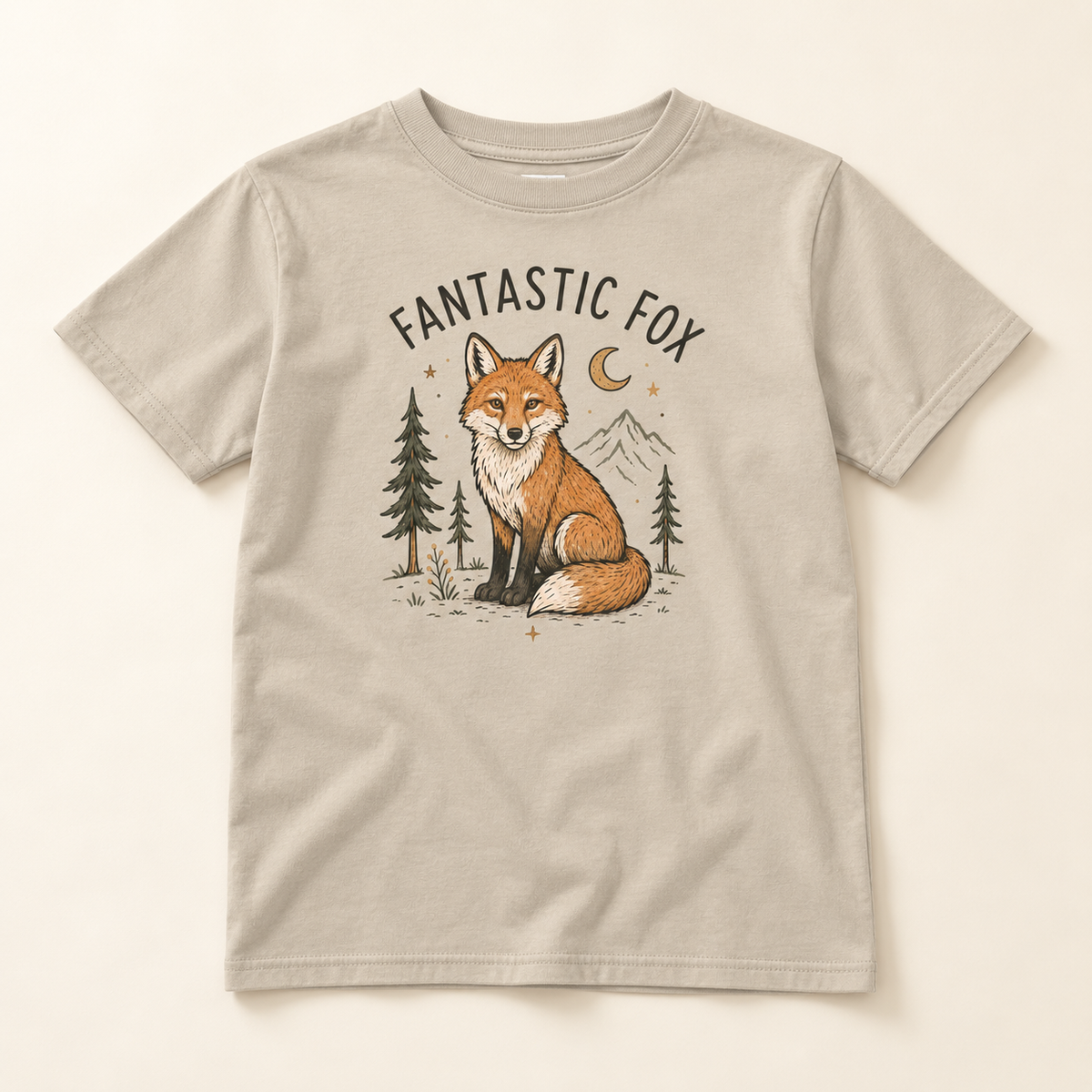 Wildlings Fantastic Fox sand youth tee flat lay