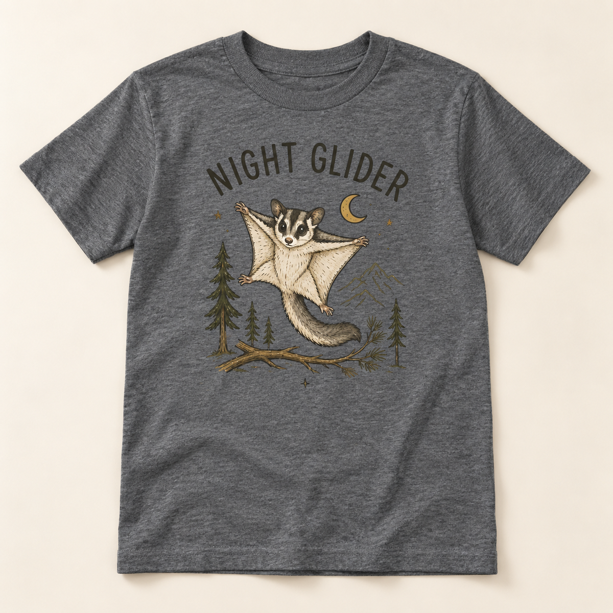 Wildlings Night Glider flying squirrel youth tee flat lay