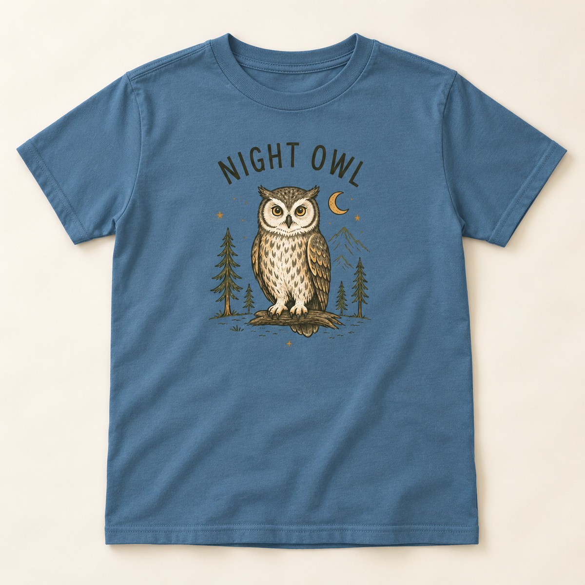 Wildlings Night Owl indigo blue youth tee flat lay