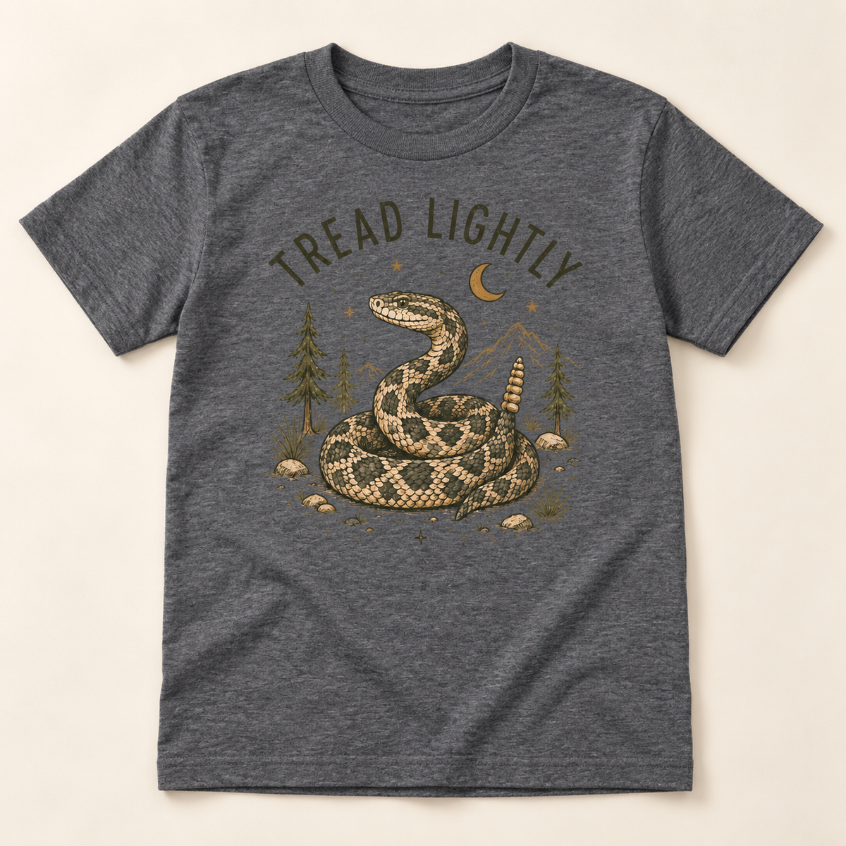 Wildlings Tread Lightly rattlesnake youth tee flat lay